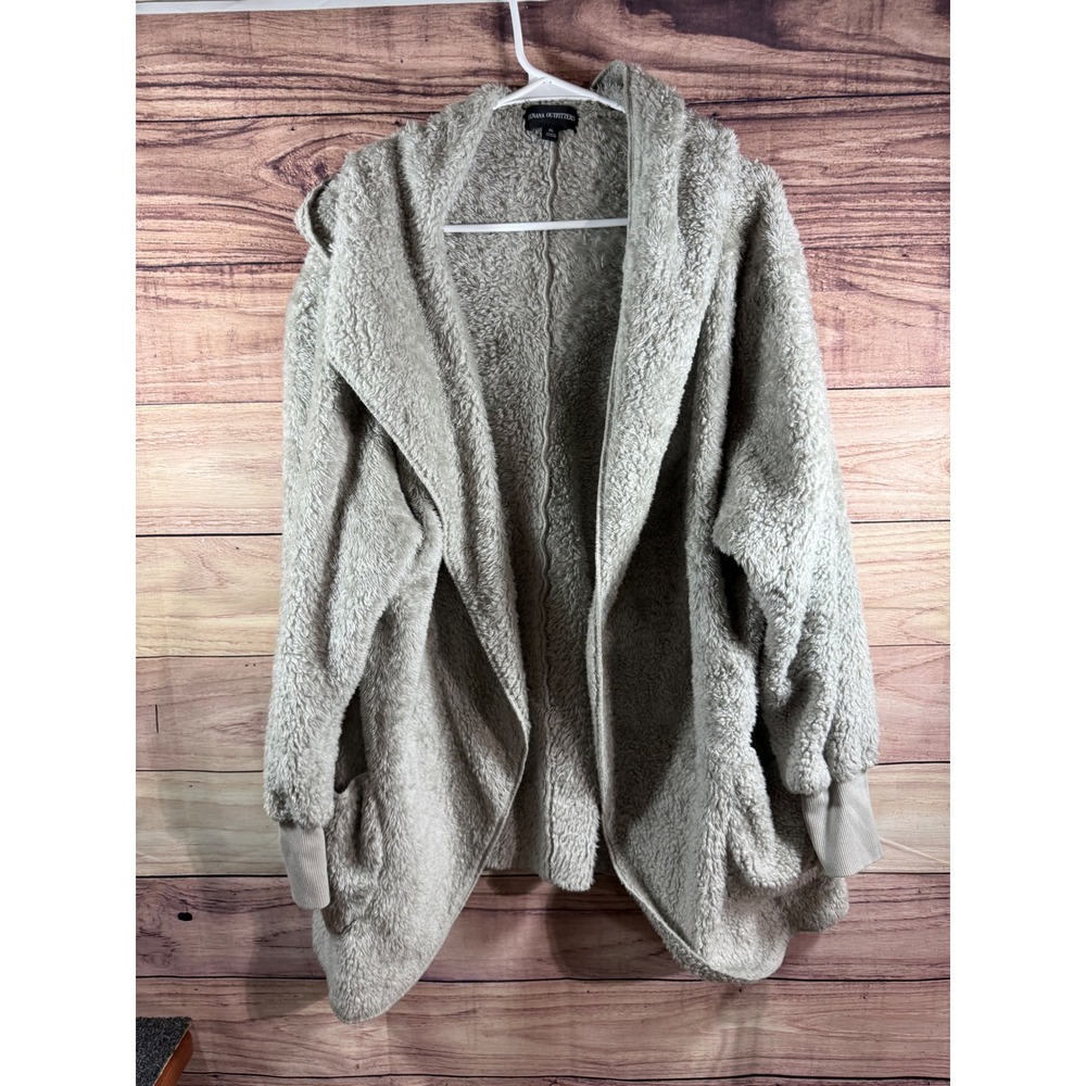 Zenana Outfitters Grey Sherpa Fleece Hooded Cardigan XL Open Front Jacket